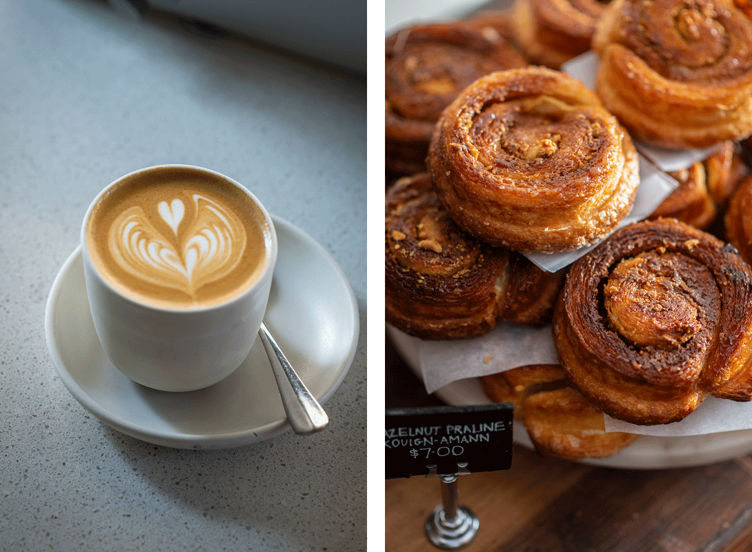 A Sample Coffee latte served at Flour and Stone. Pastries at the bakery.