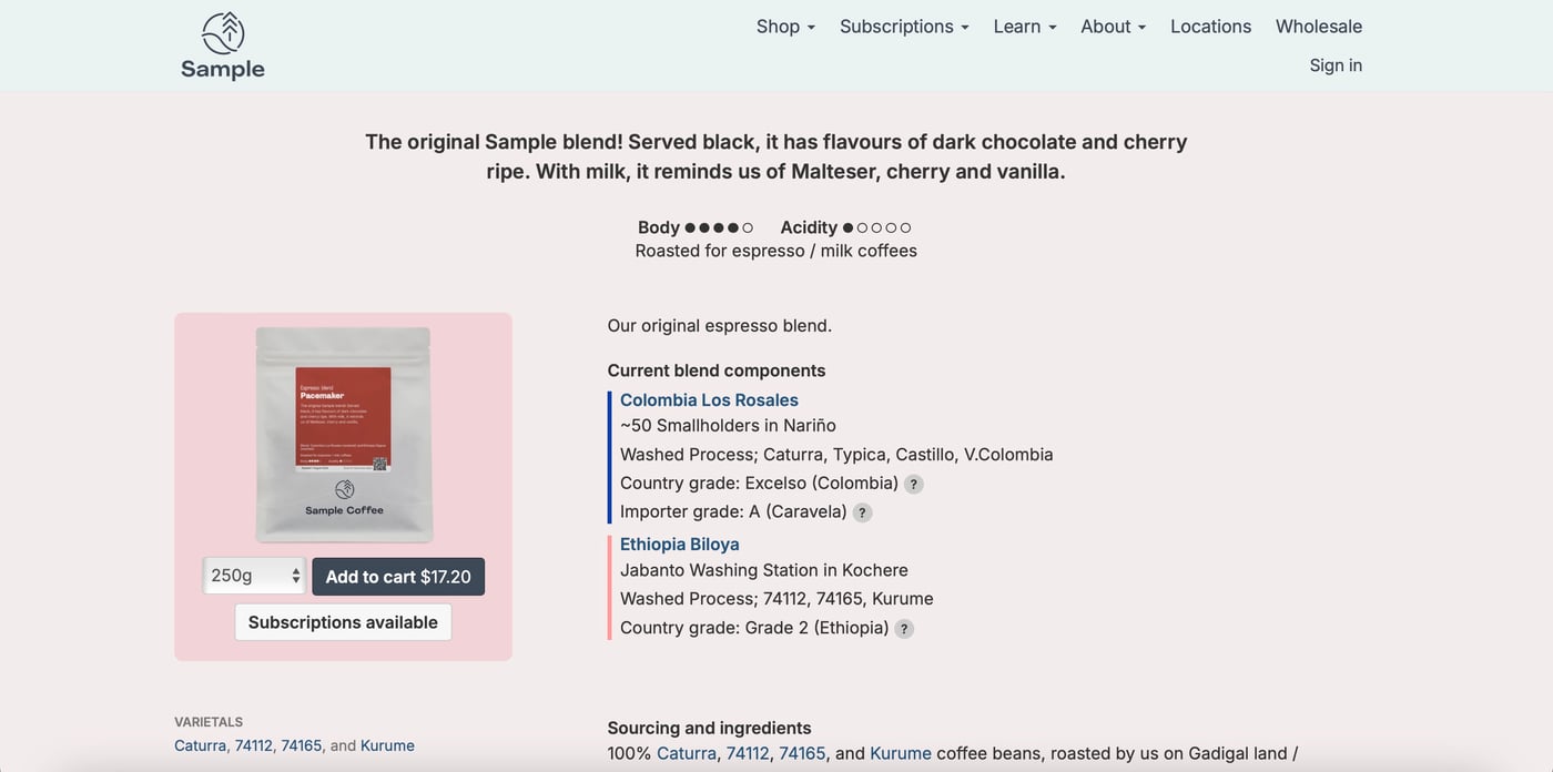 Screenshot of Sample Coffee website showing components of our Pacemaker espresso blend.