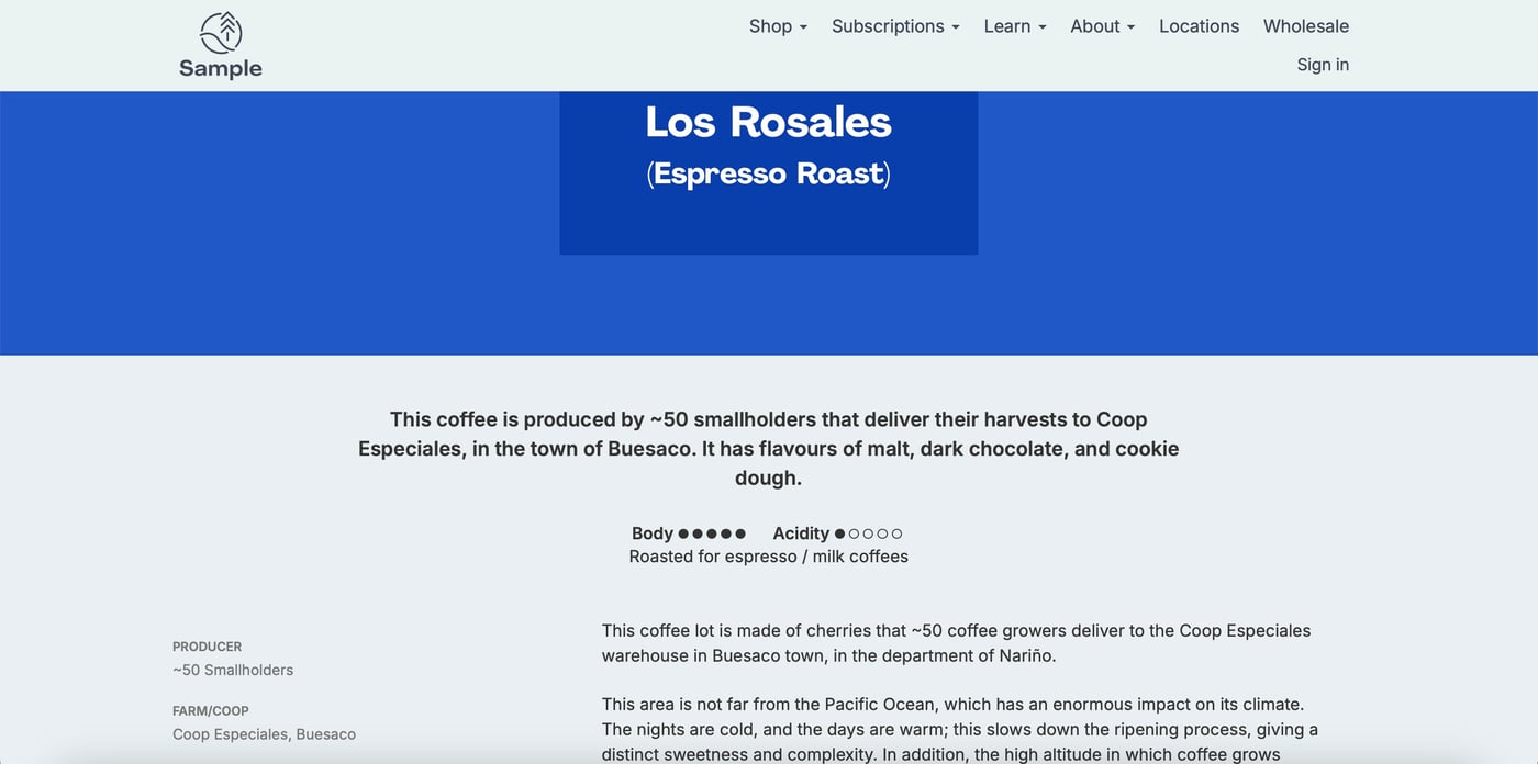 Screenshot of Sample Coffee website showing dedicated transparency information about a component of our Pacemaker espresso blend.