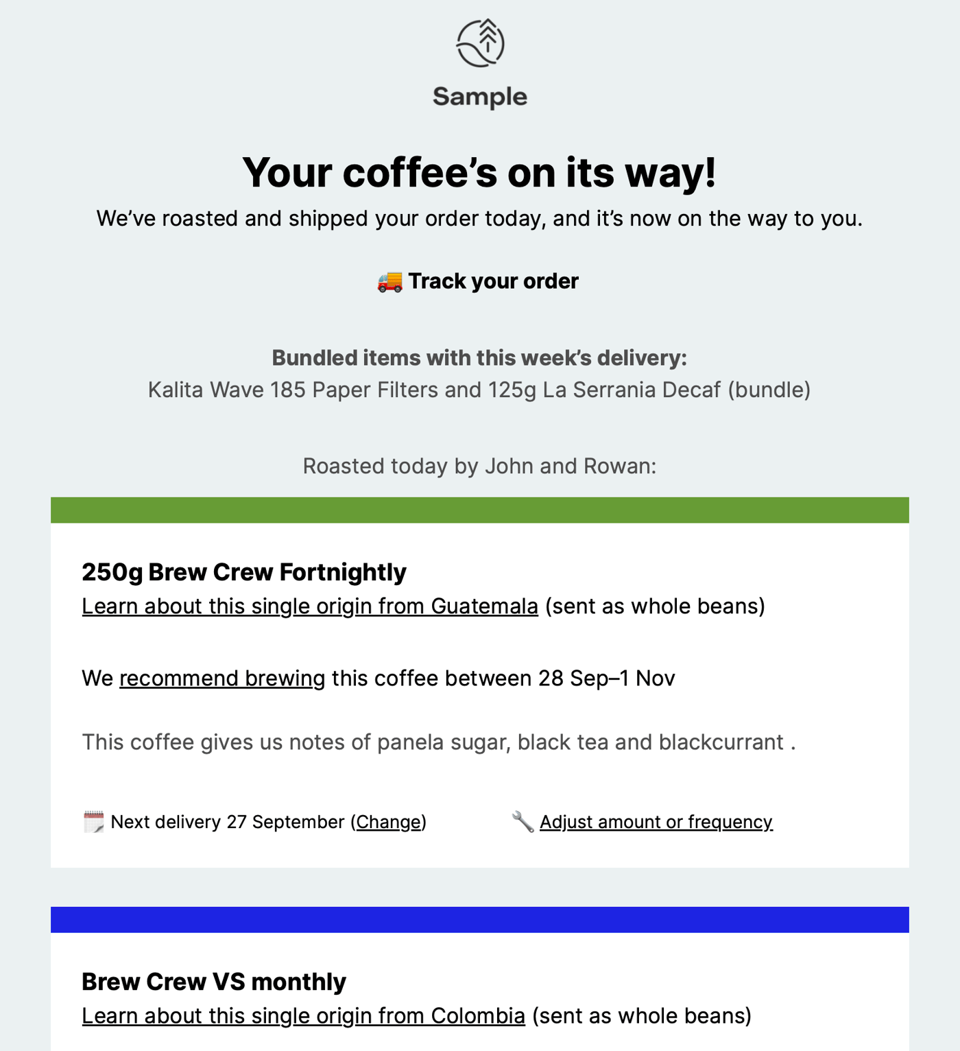 Image of order shipped email, showing full details for each coffee sent