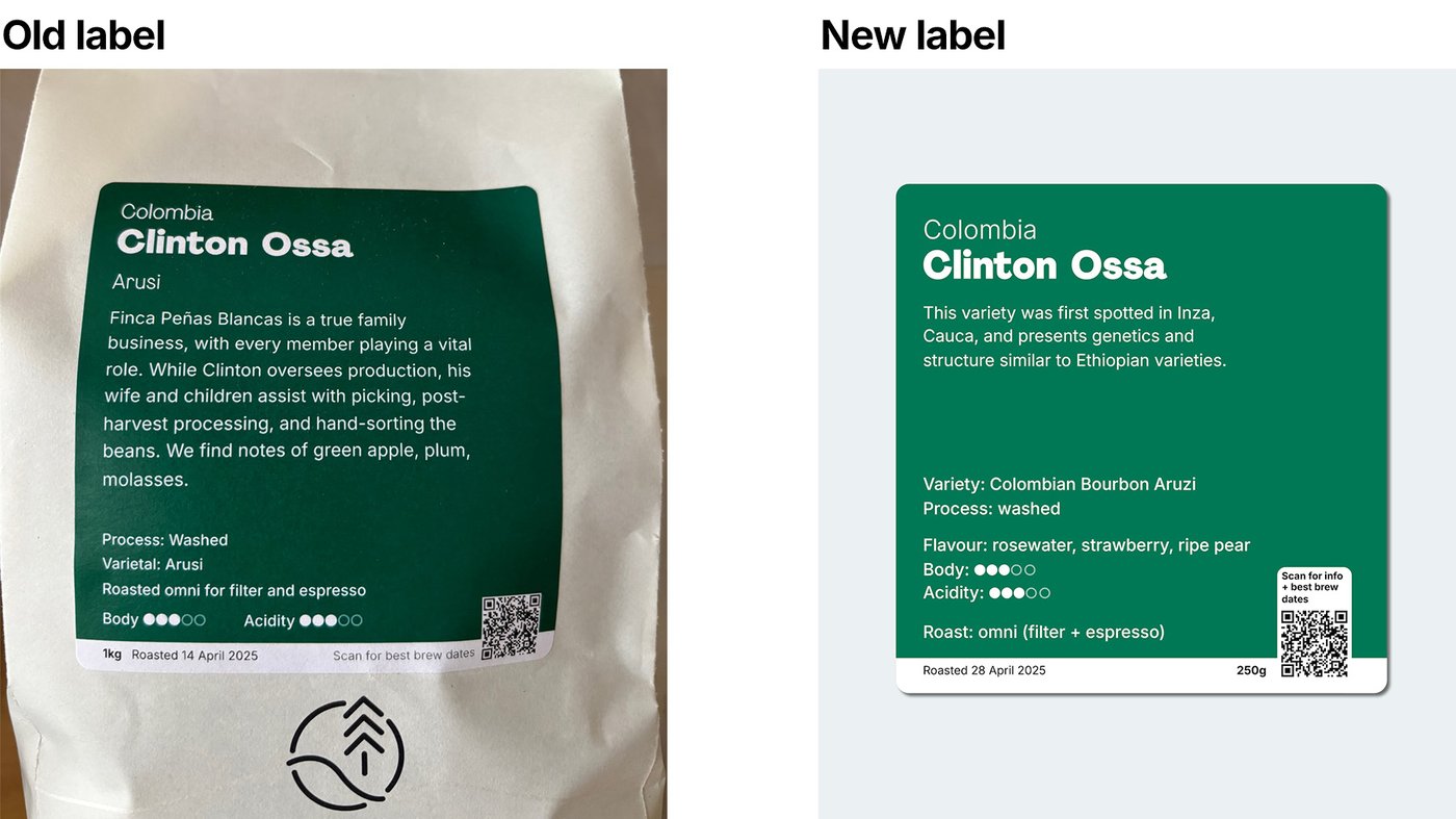 Photo comparing our old and new bag labels for a single origin coffee lot from Clinton Ossa