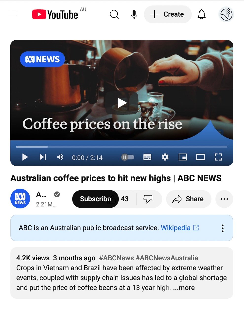 Article about coffee price increase: ABC News