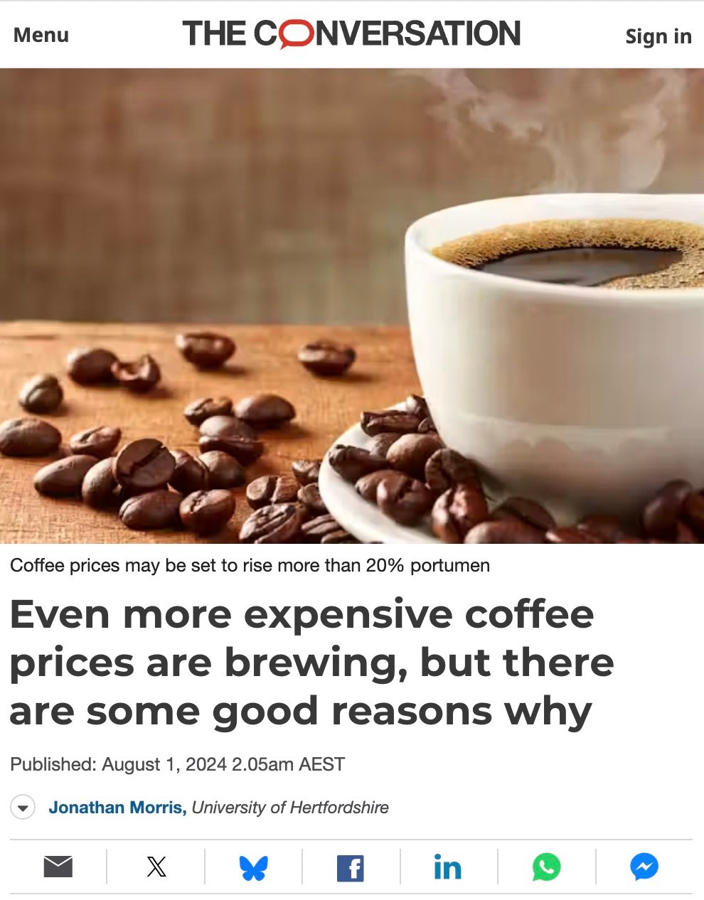 Article about coffee price increase: The Conversation