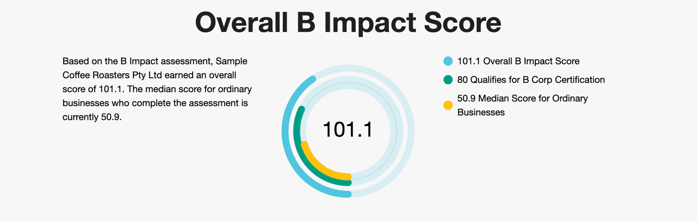 Our public profile in the B Corporation's directory, showing a score of 101.1