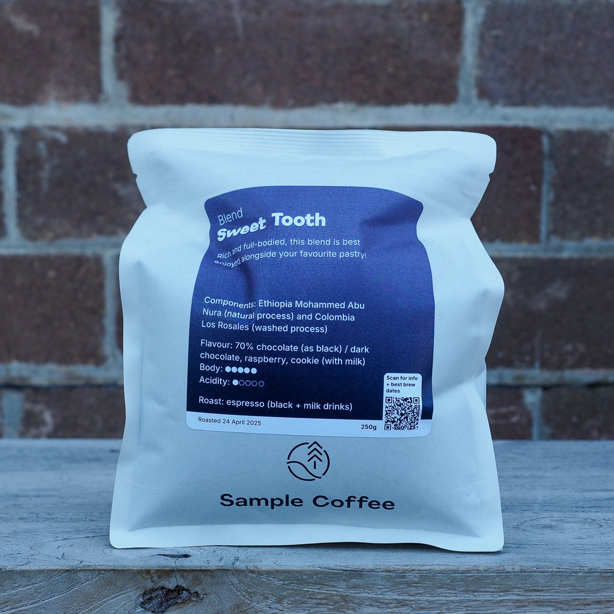 A front view of a Sample Coffee 250g bean bag, puffed up like a balloon.