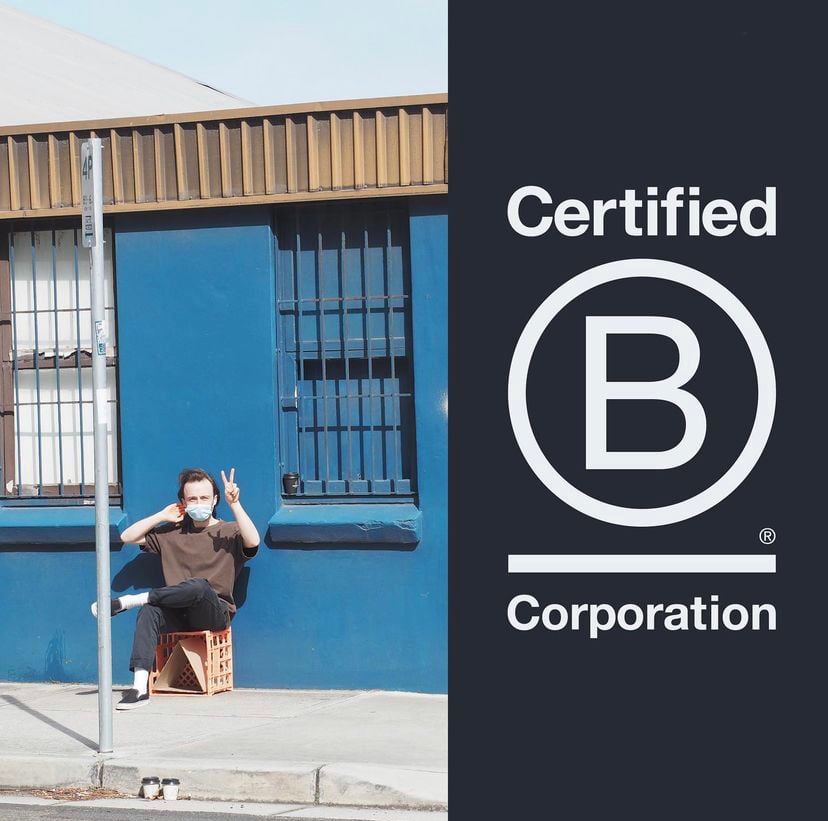 A staff member and the B Corp logo.