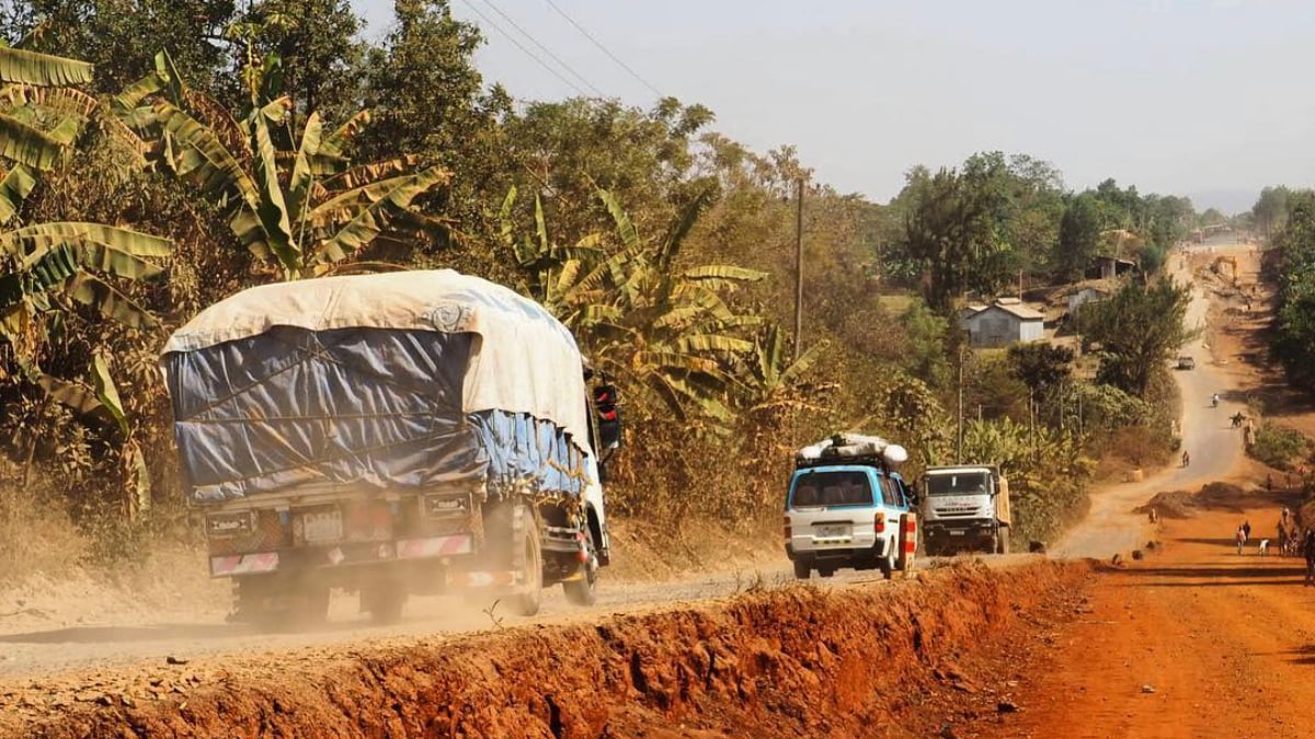 A truck of coffee on a dirt road in Ethiopia.