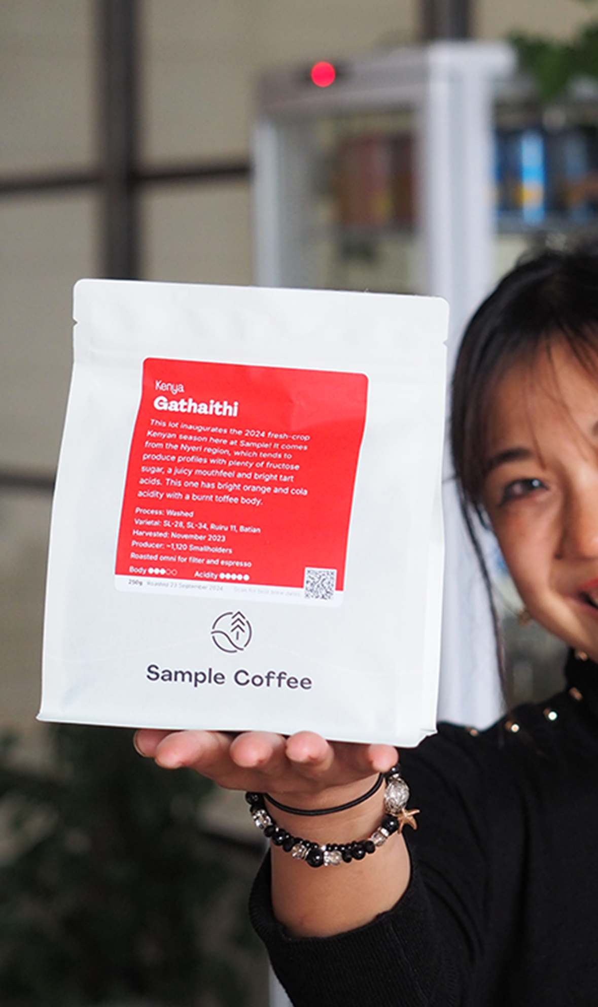 A Sample Coffee bag with a focus on the front label.
