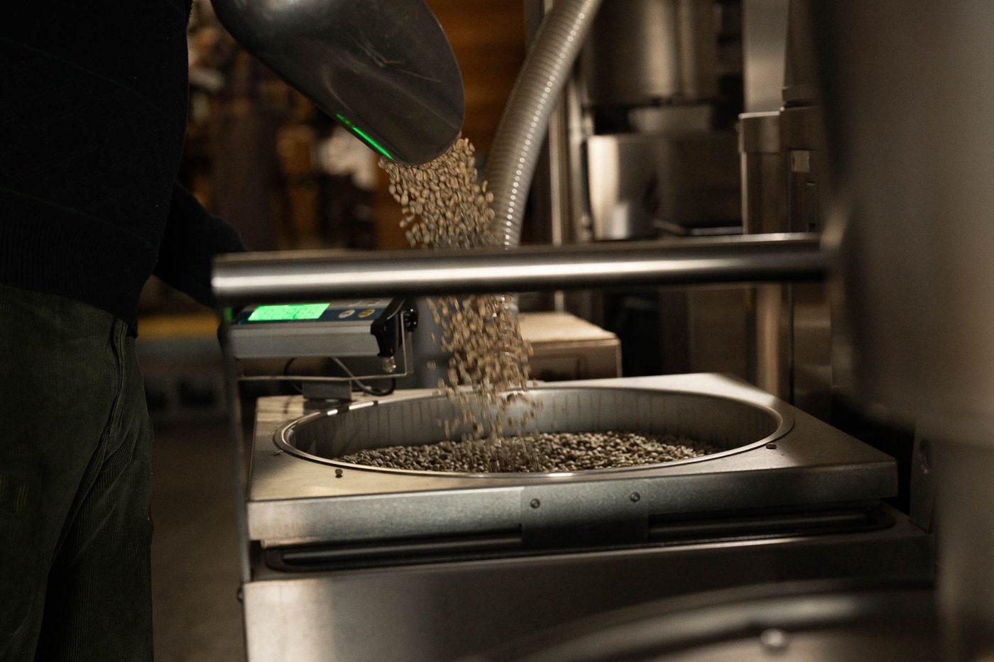 Weighting green coffee before roasting it.