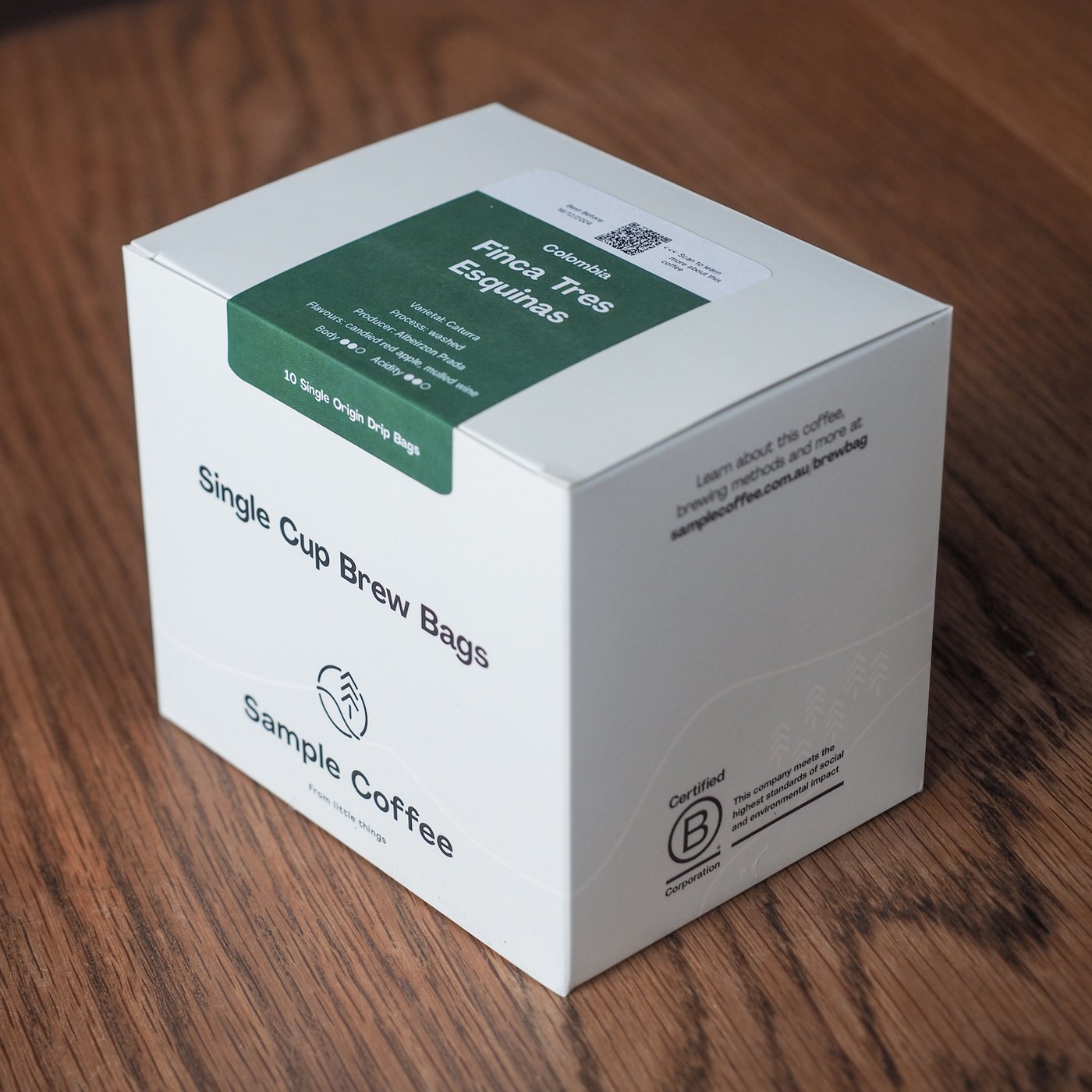 A box of Sample Coffee single origin brew bags (drip bags).