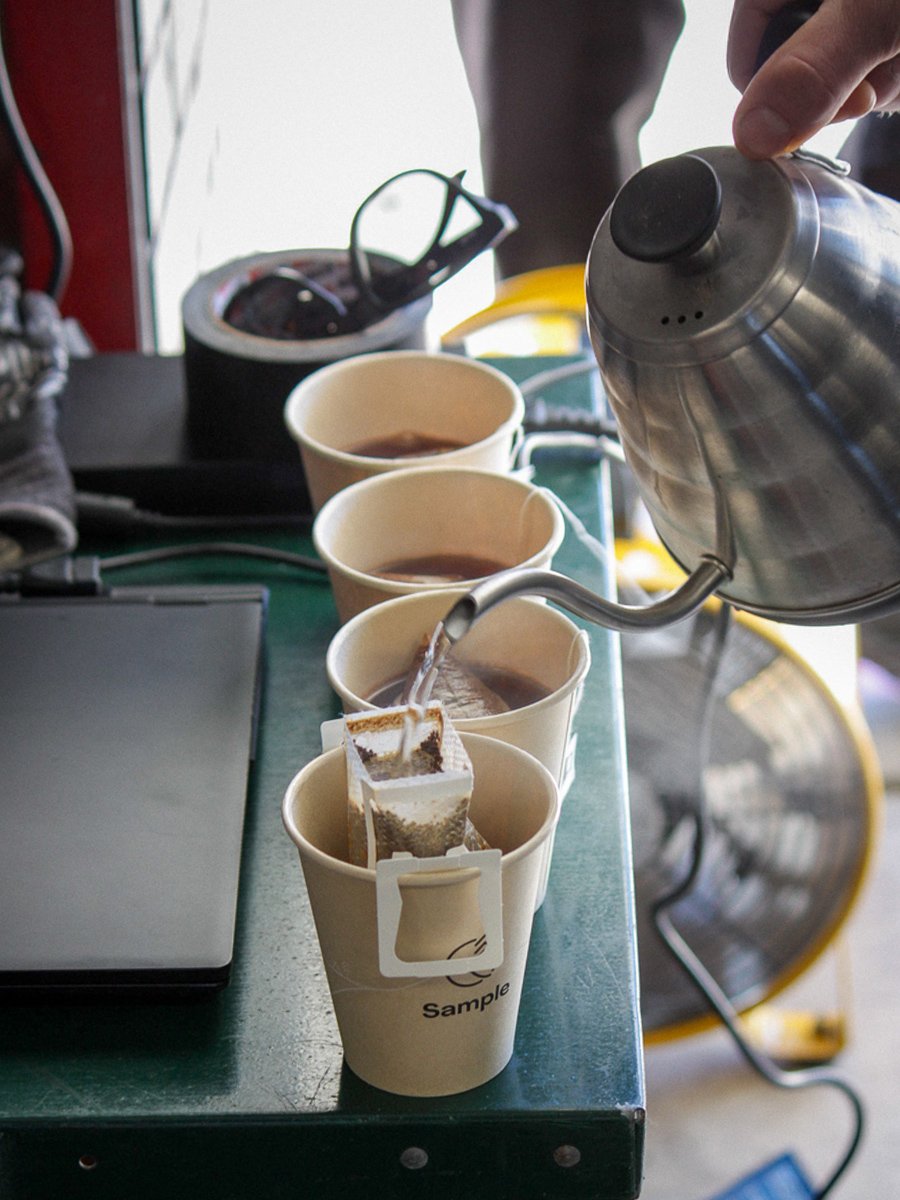 Brewing a few drip and steeped bags during a car racing event break.
